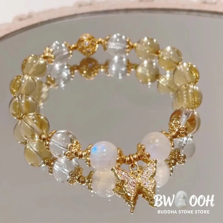 BWOOOH Citrine Moonstone Butterfly Charm Prosperity Protection Bracelet - Citrine(Wrist Circumference 14-15cm)