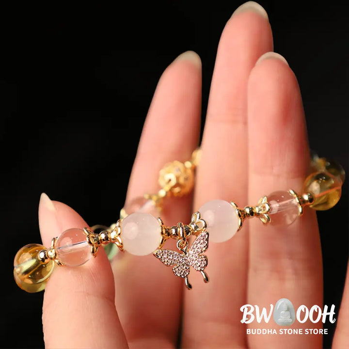 BWOOOH Citrine Moonstone Butterfly Charm Prosperity Protection Bracelet - Citrine(Wrist Circumference 14-15cm)