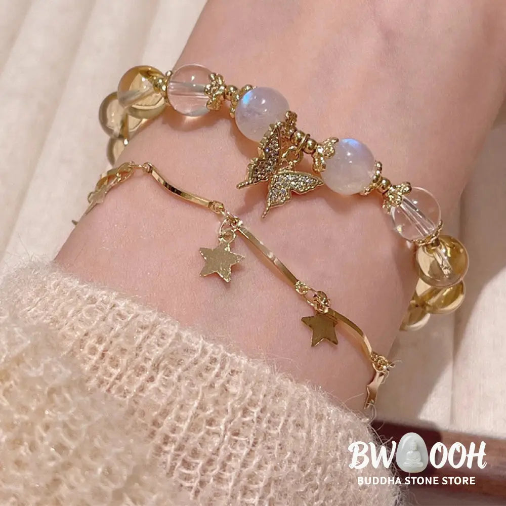 BWOOOH Citrine Moonstone Butterfly Charm Prosperity Protection Bracelet - Citrine(Wrist Circumference 14-15cm)