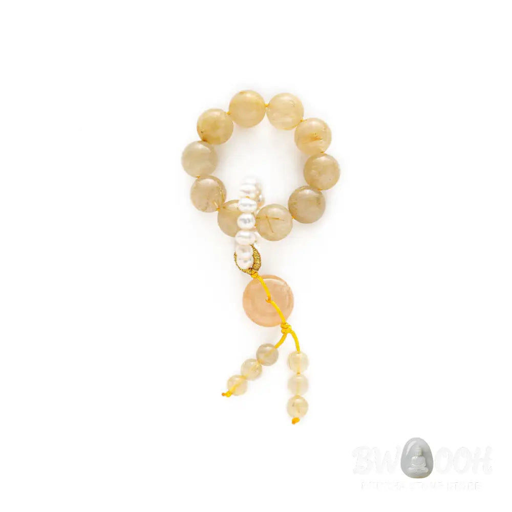 BWOOOH Citrine Peace Buckle Wrist Mala featuring polished 12mm citrine beads, a serene peace buckle symbol, delicate pearl and sakura agate accents, strung on premium material for deep mindfulness and attracting prosperity. - View 5