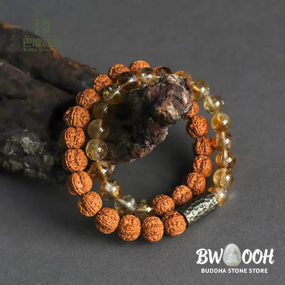 Buddha Stones Citrine Sandalwood Bodhi Seed Protection Double Wrap Bracelet - BWOOOH - Bracelet