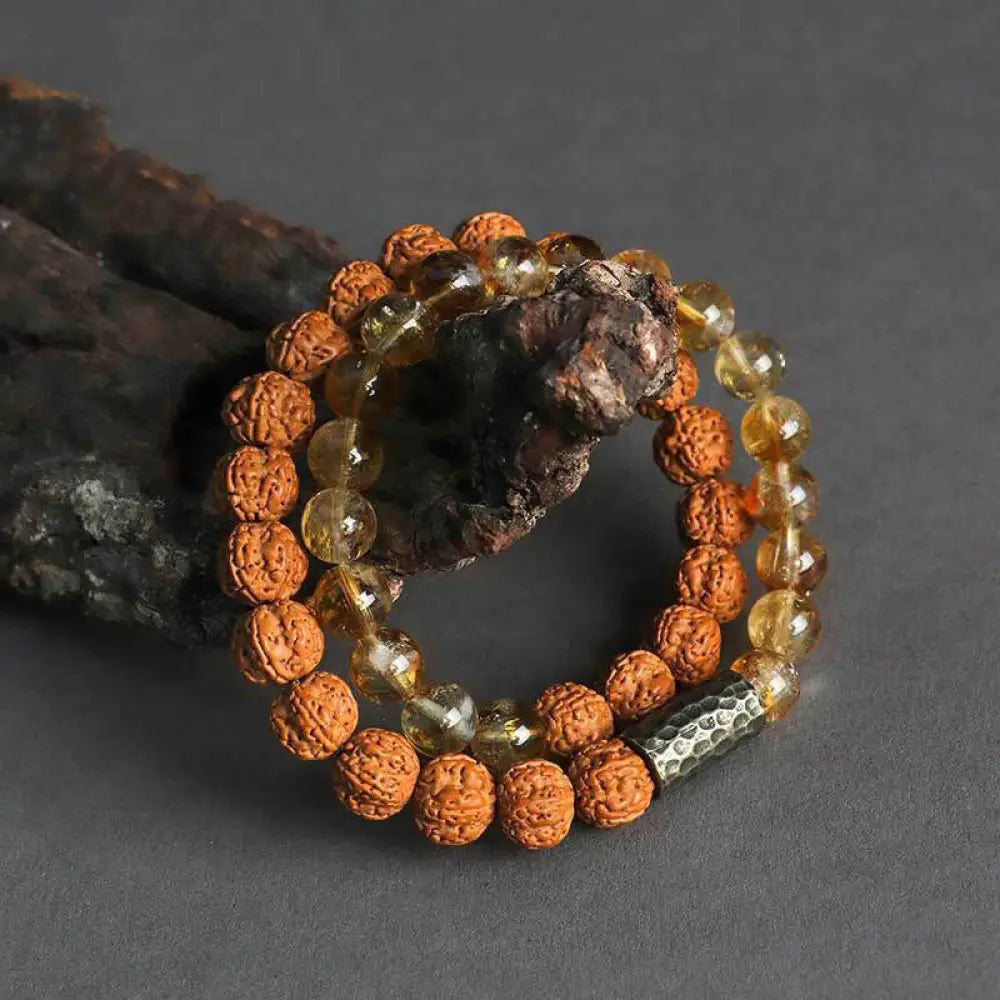 Buddha Stones Citrine Sandalwood Bodhi Seed Protection Double Wrap Bracelet - BWOOOH - Citrine Bodhi Seed Double Wrap