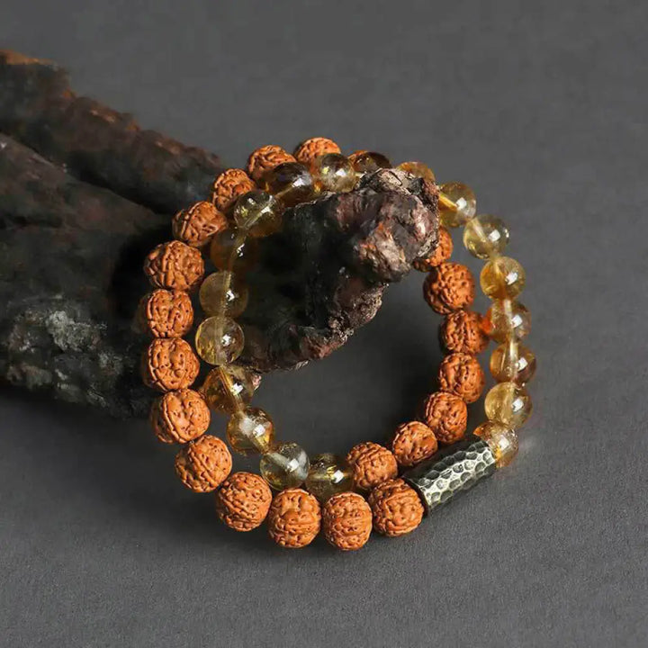 Buddha Stones Citrine Sandalwood Bodhi Seed Protection Double Wrap Bracelet - BWOOOH - Citrine Bodhi Seed Double Wrap