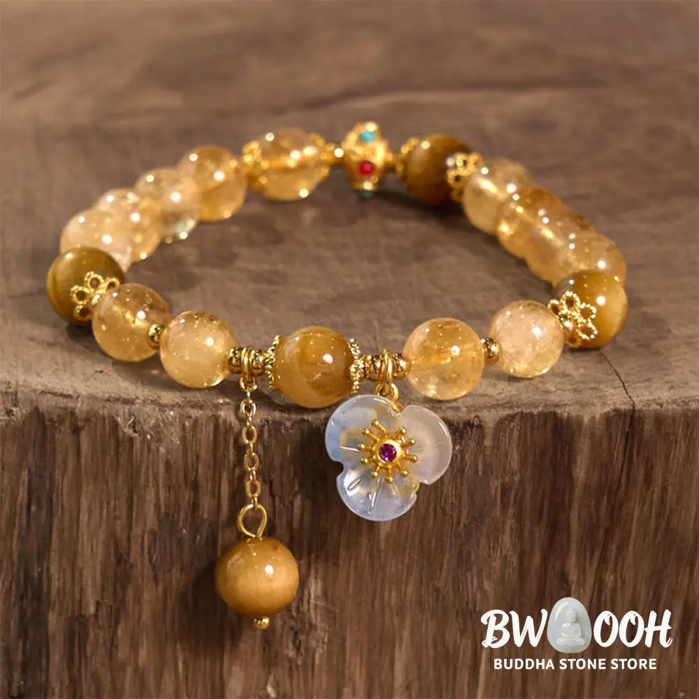 Buddha Stones Citrine Tiger Eye Flower Charm Generosity Bracelet - BWOOOH - Citrine Tiger Eye(Wrist Circumference: