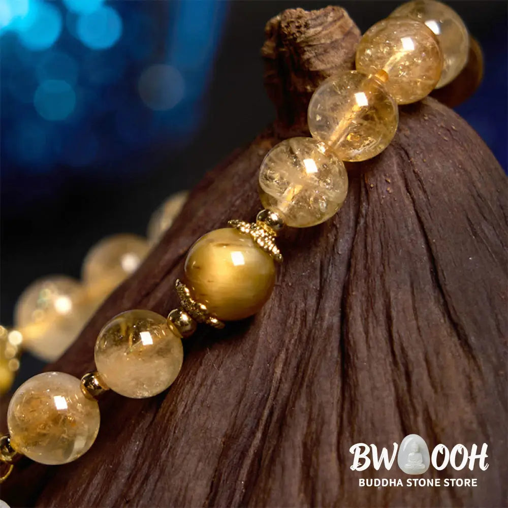 Buddha Stones Citrine Tiger Eye Flower Charm Generosity Bracelet - BWOOOH - Citrine Tiger Eye(Wrist Circumference: