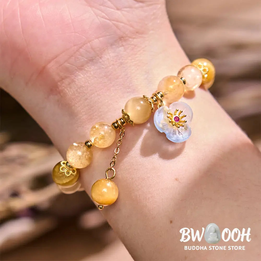 Buddha Stones Citrine Tiger Eye Flower Charm Generosity Bracelet - BWOOOH - Citrine Tiger Eye(Wrist Circumference: