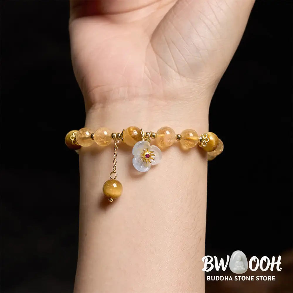 Buddha Stones Citrine Tiger Eye Flower Charm Generosity Bracelet - BWOOOH - Citrine Tiger Eye(Wrist Circumference: