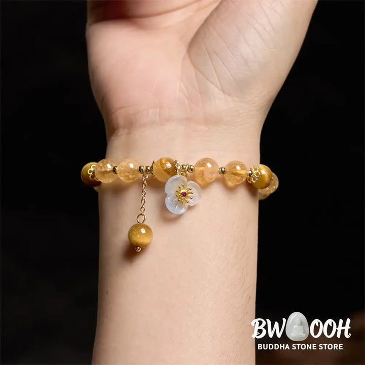 Buddha Stones Citrine Tiger Eye Flower Charm Generosity Bracelet - BWOOOH - Citrine Tiger Eye(Wrist Circumference: