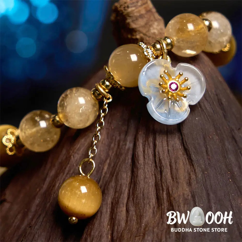 Buddha Stones Citrine Tiger Eye Flower Charm Generosity Bracelet - BWOOOH - Citrine Tiger Eye(Wrist Circumference: