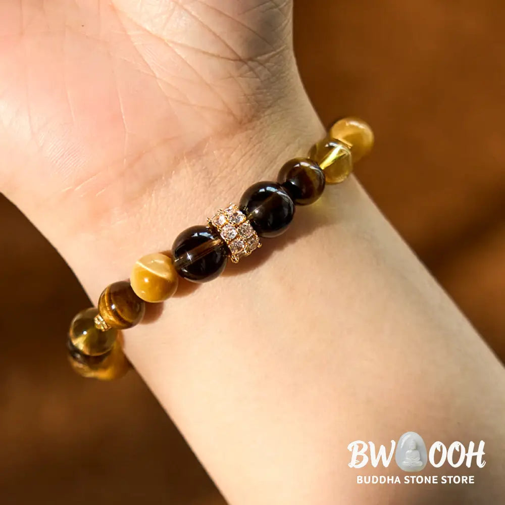 Buddha Stones Citrine Topaz Smoky Quartz Tiger Eye Happiness Bracelet - BWOOOH - Citrine Smoky Quartz Tiger Eye(Wrist
