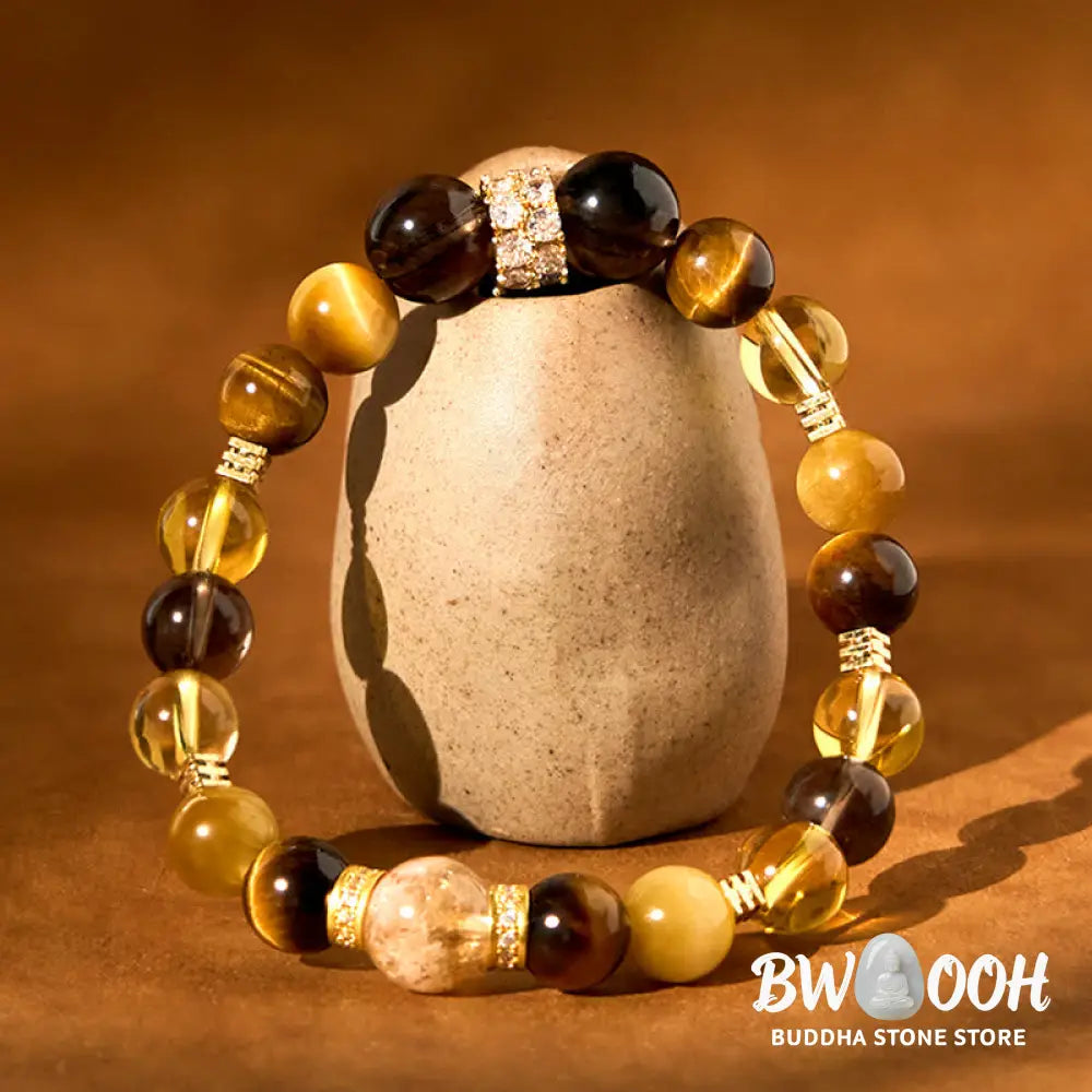 Buddha Stones Citrine Topaz Smoky Quartz Tiger Eye Happiness Bracelet - BWOOOH - Citrine Smoky Quartz Tiger Eye(Wrist