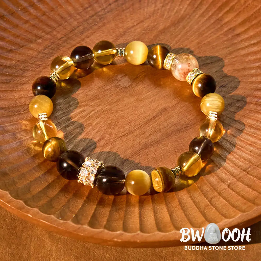 Buddha Stones Citrine Topaz Smoky Quartz Tiger Eye Happiness Bracelet - BWOOOH - Citrine Smoky Quartz Tiger Eye(Wrist