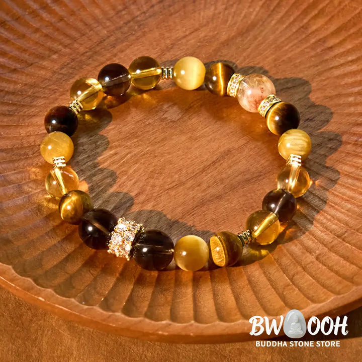 Buddha Stones Citrine Topaz Smoky Quartz Tiger Eye Happiness Bracelet - BWOOOH - Citrine Smoky Quartz Tiger Eye(Wrist