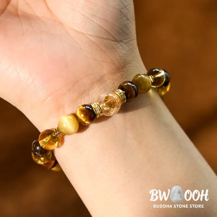 Buddha Stones Citrine Topaz Smoky Quartz Tiger Eye Happiness Bracelet - BWOOOH - Citrine Smoky Quartz Tiger Eye(Wrist