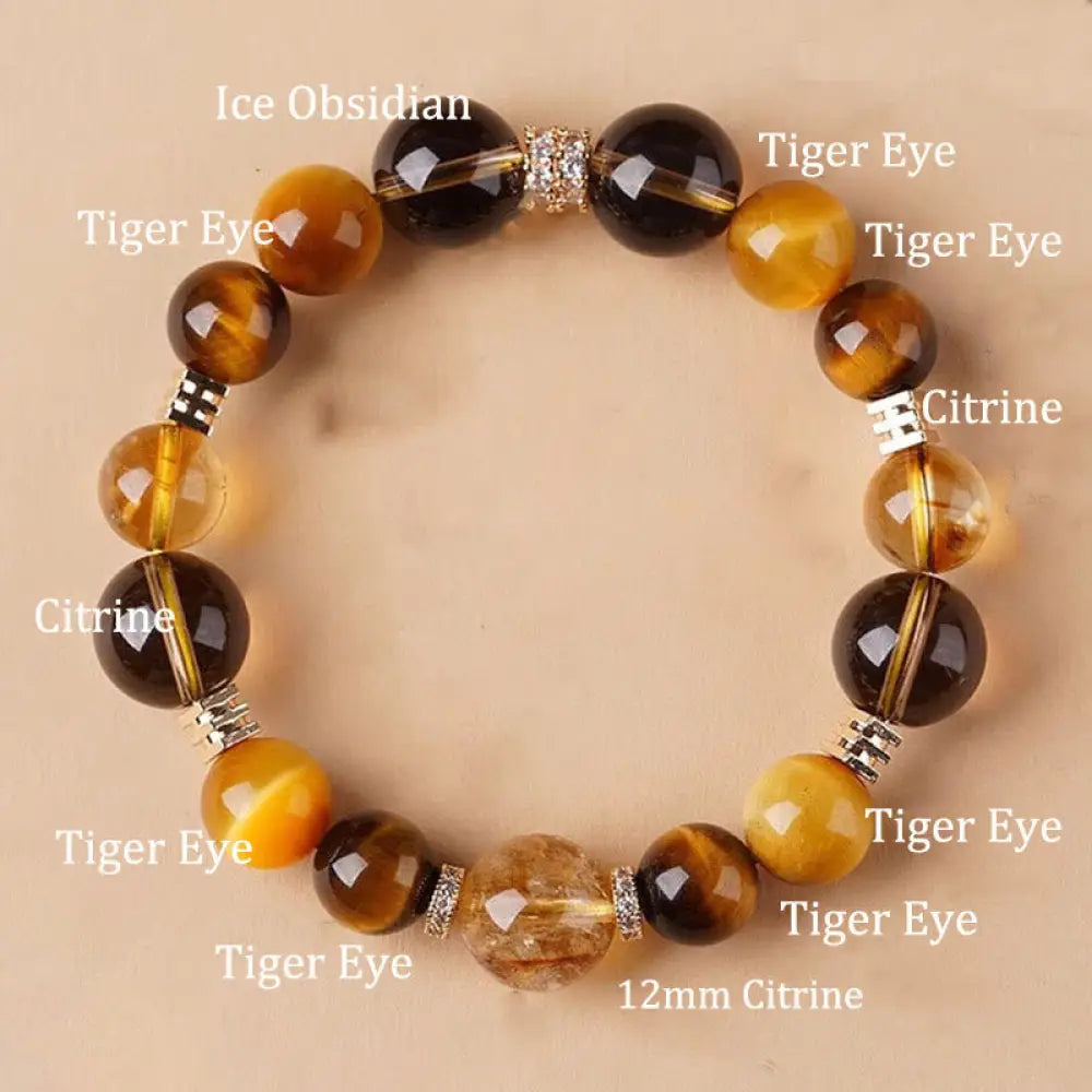 Buddha Stones Citrine Topaz Tiger Eye Happiness Bracelet - BWOOOH - 12mm - Bracelet