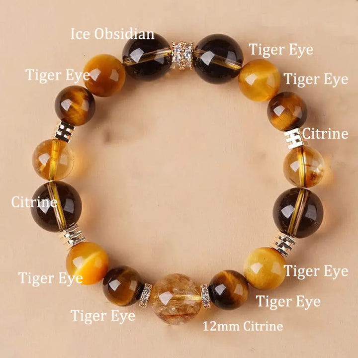 Buddha Stones Citrine Topaz Tiger Eye Happiness Bracelet - BWOOOH - 12mm - Bracelet
