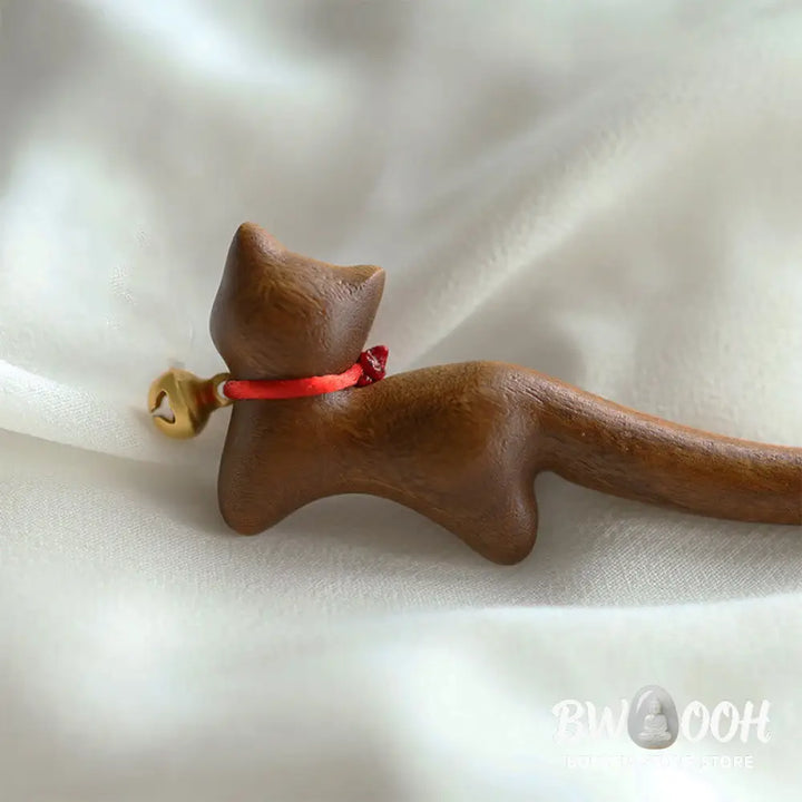 Buddha Stones Classical Chinese Style Cat-shaped Sandalwood Hairpin - Cat-shaped Hairpin - Hairpin