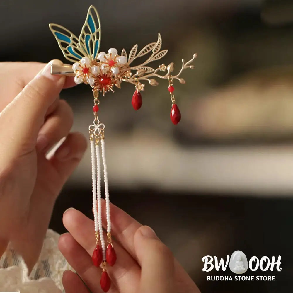 Buddha Stones Classical Chinese Style Flower Branche Butterfly Pearl Tassel Hair Clip Hair Comb Hair Crown - Hair