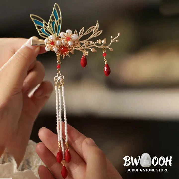 Buddha Stones Classical Chinese Style Flower Branche Butterfly Pearl Tassel Hair Clip Hair Comb Hair Crown - Hair