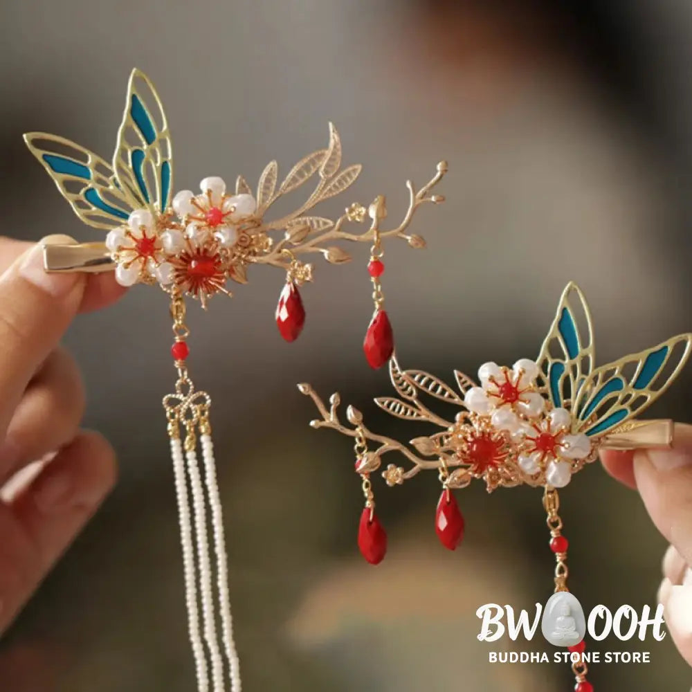 Buddha Stones Classical Chinese Style Flower Branche Butterfly Pearl Tassel Hair Clip Hair Comb Hair Crown - Hair