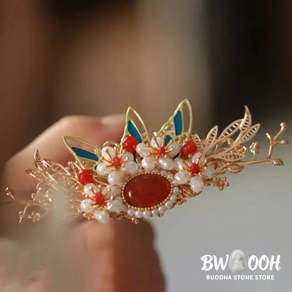 Buddha Stones Classical Chinese Style Flower Branche Butterfly Pearl Tassel Hair Clip Hair Comb Hair Crown - Hair
