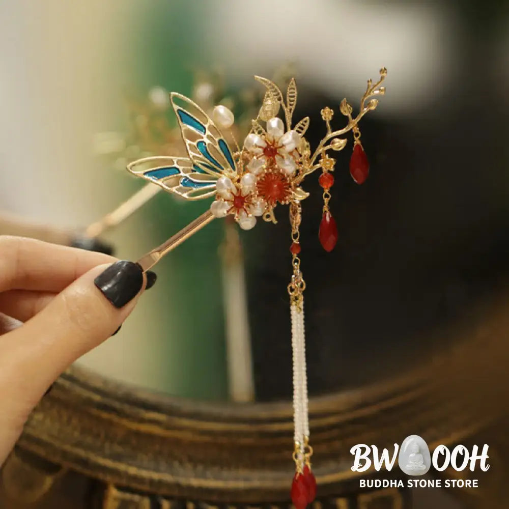 Buddha Stones Classical Chinese Style Flower Branche Butterfly Pearl Tassel Hair Clip Hair Comb Hair Crown - Hair