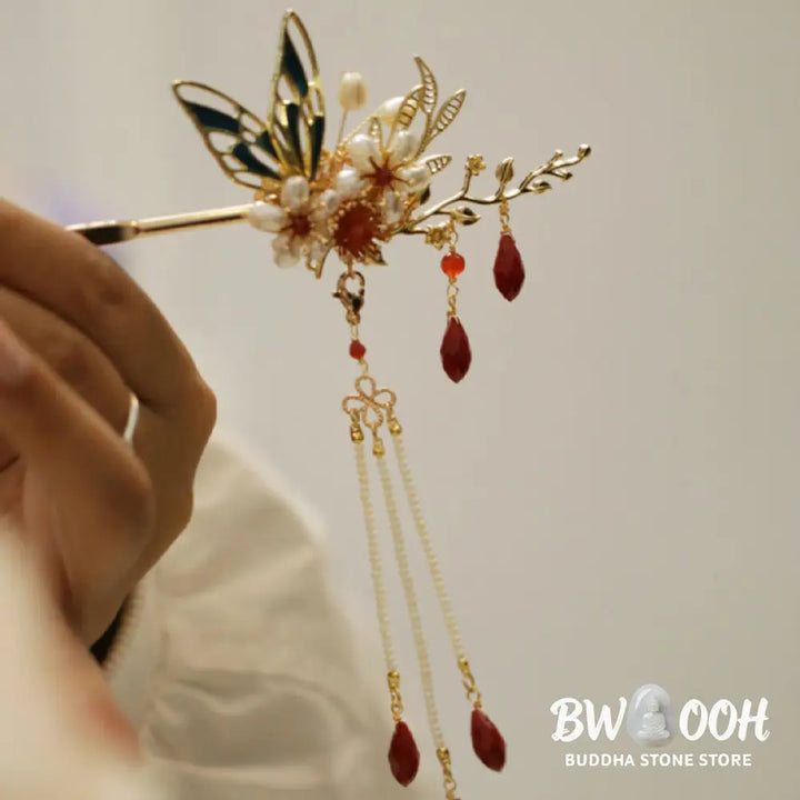 Buddha Stones Classical Chinese Style Flower Branche Butterfly Pearl Tassel Hair Clip Hair Comb Hair Crown - Hair