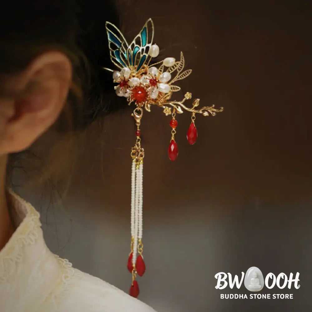 Buddha Stones Classical Chinese Style Flower Branche Butterfly Pearl Tassel Hair Clip Hair Comb Hair Crown - Hair