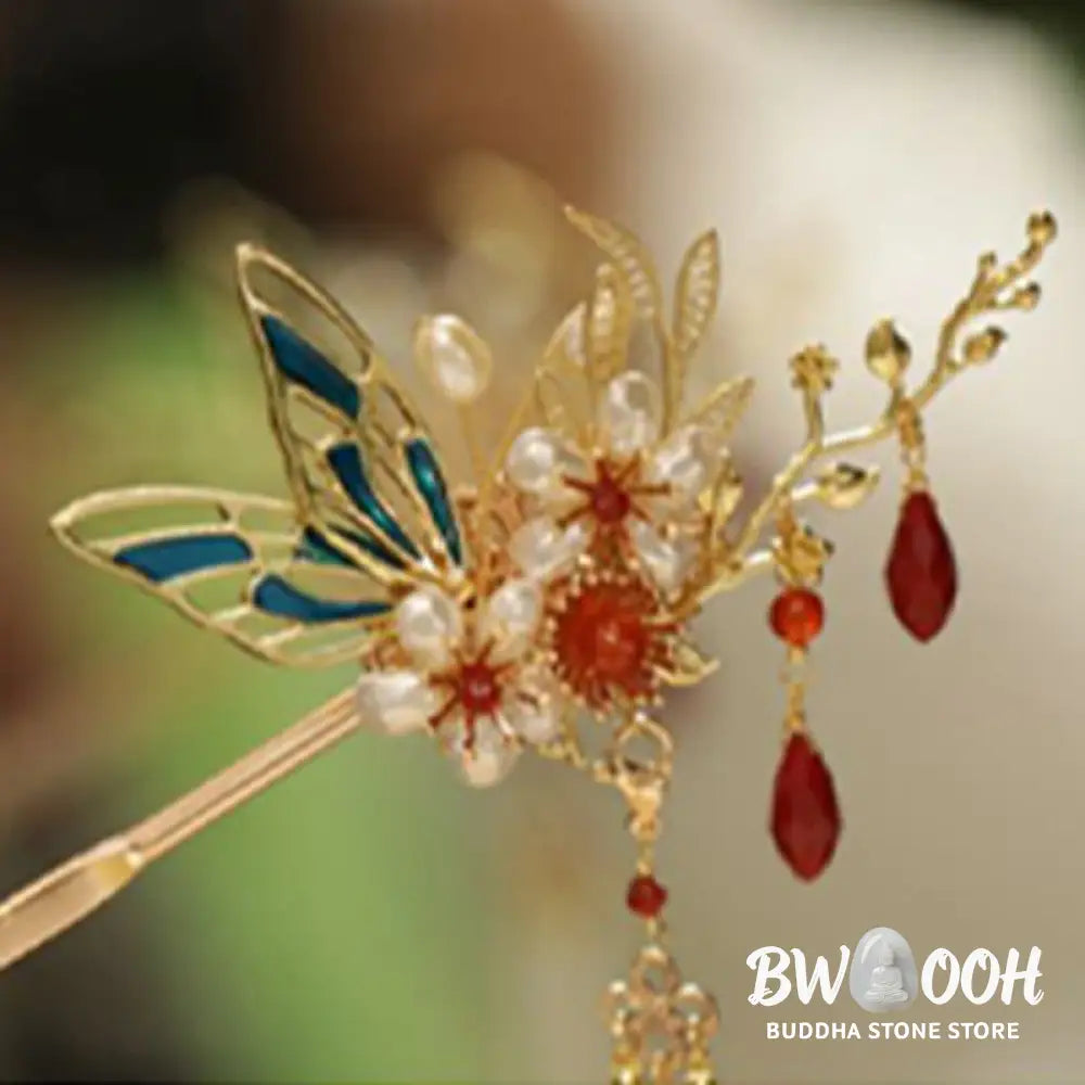 Buddha Stones Classical Chinese Style Flower Branche Butterfly Pearl Tassel Hair Clip Hair Comb Hair Crown - Hair