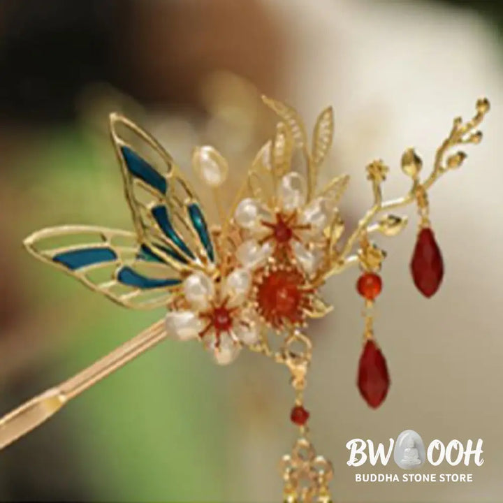 Buddha Stones Classical Chinese Style Flower Branche Butterfly Pearl Tassel Hair Clip Hair Comb Hair Crown - Hair
