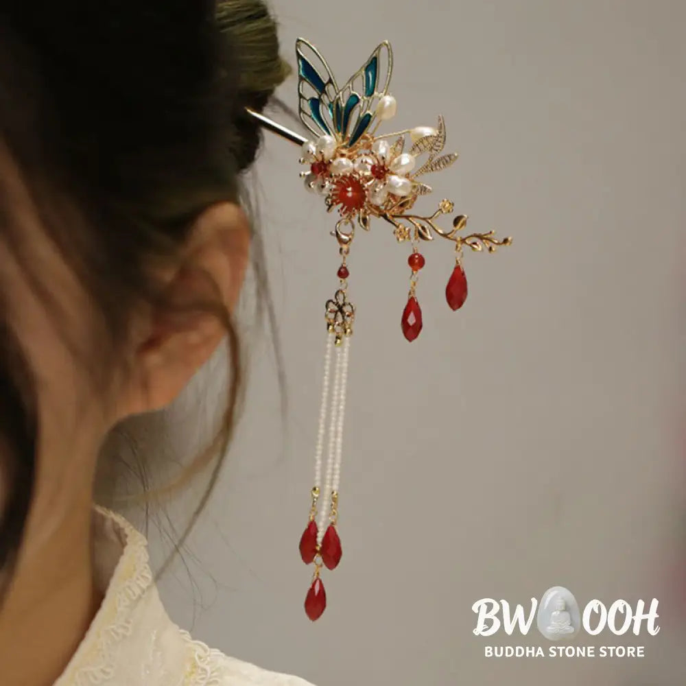 Buddha Stones Classical Chinese Style Flower Branche Butterfly Pearl Tassel Hair Clip Hair Comb Hair Crown - Hair