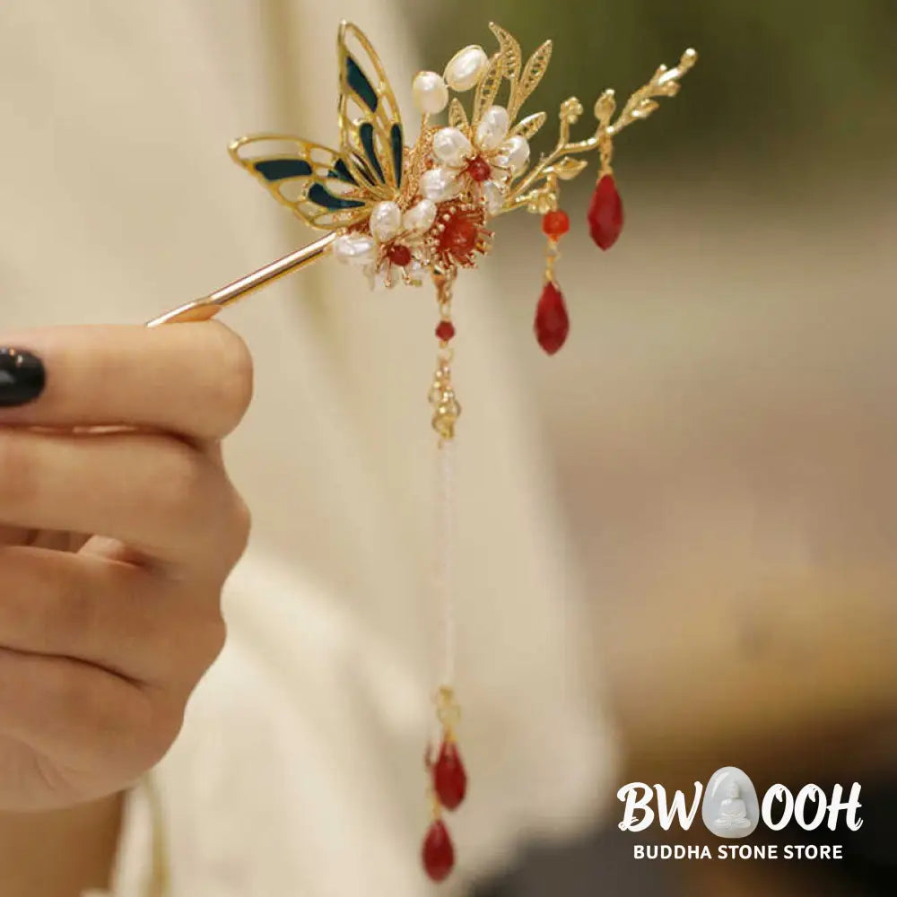 Buddha Stones Classical Chinese Style Flower Branche Butterfly Pearl Tassel Hair Clip Hair Comb Hair Crown - Hair