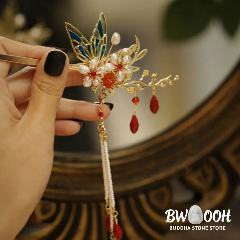 Buddha Stones Classical Chinese Style Flower Branche Butterfly Pearl Tassel Hair Clip Hair Comb Hair Crown - Hair