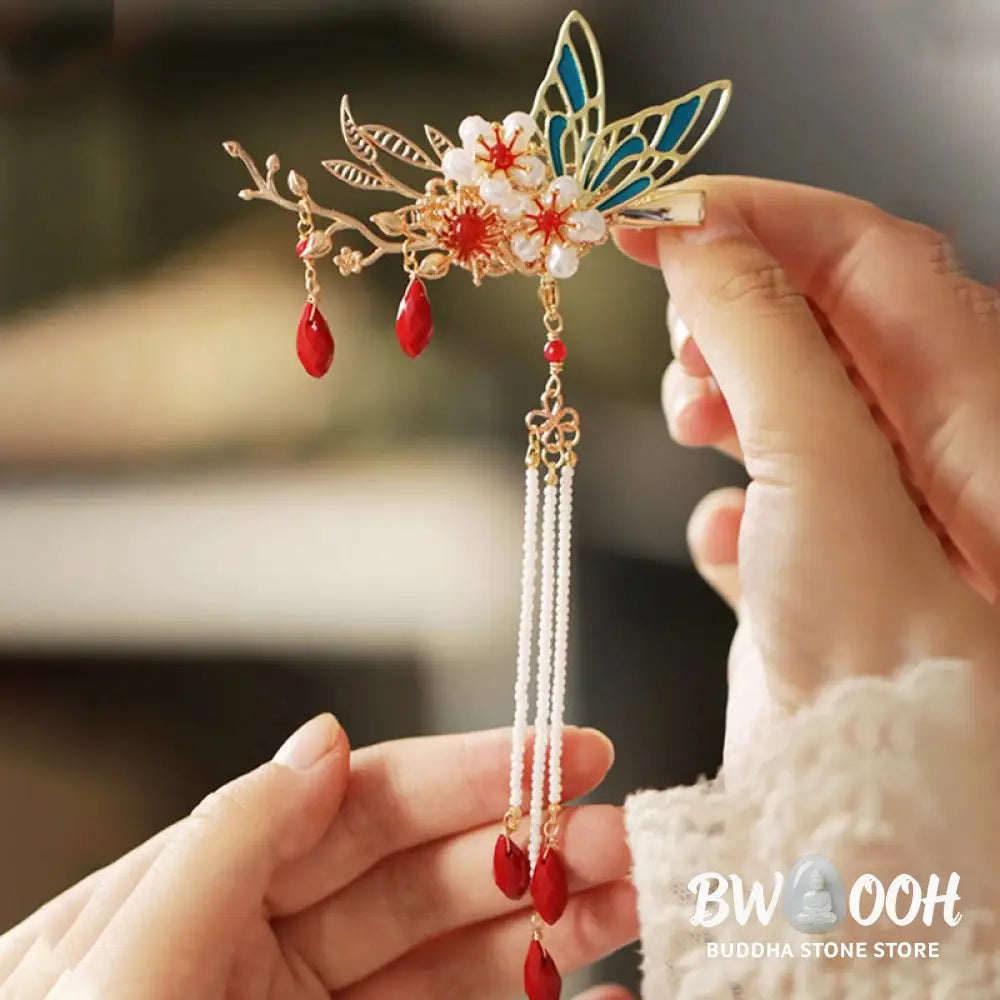 Buddha Stones Classical Chinese Style Flower Branche Butterfly Pearl Tassel Hair Clip Hair Comb Hair Crown - Hair
