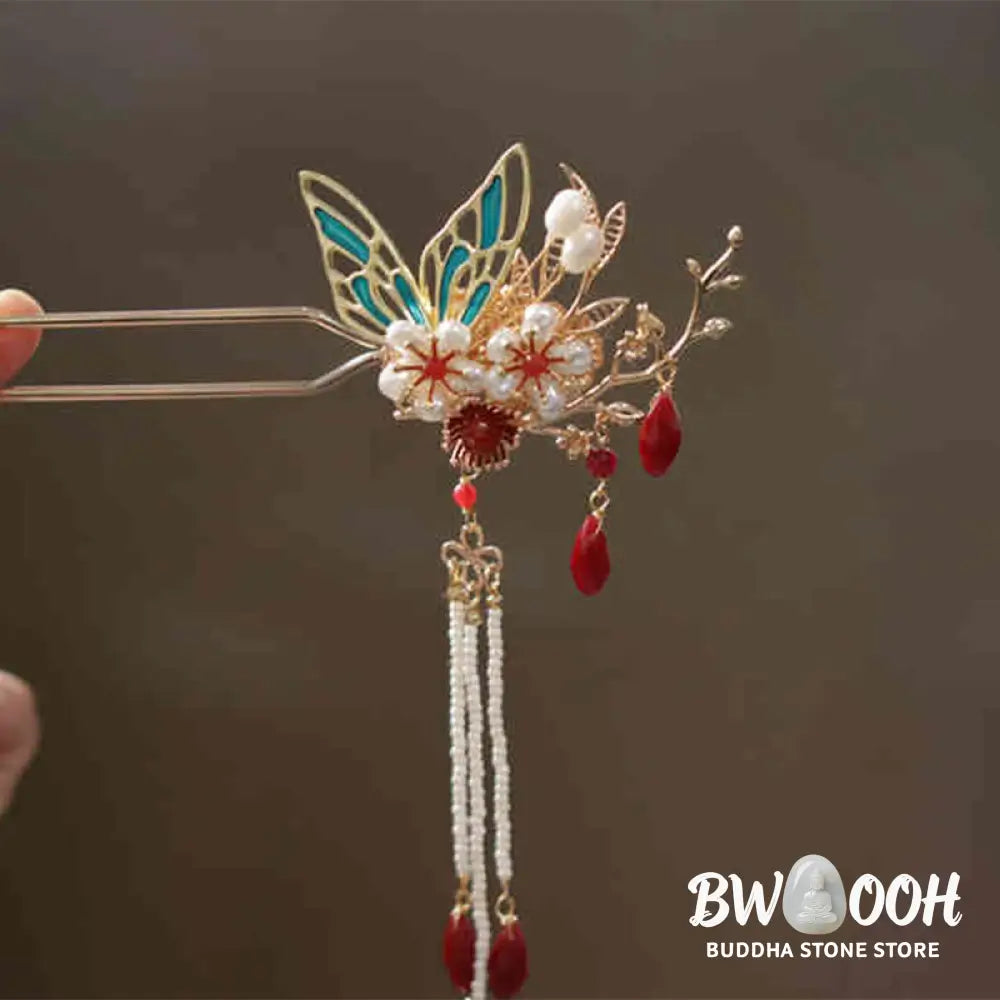 Buddha Stones Classical Chinese Style Flower Branche Butterfly Pearl Tassel Hair Clip Hair Comb Hair Crown - Hair