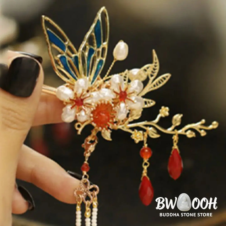 Buddha Stones Classical Chinese Style Flower Branche Butterfly Pearl Tassel Hair Clip Hair Comb Hair Crown - Hair