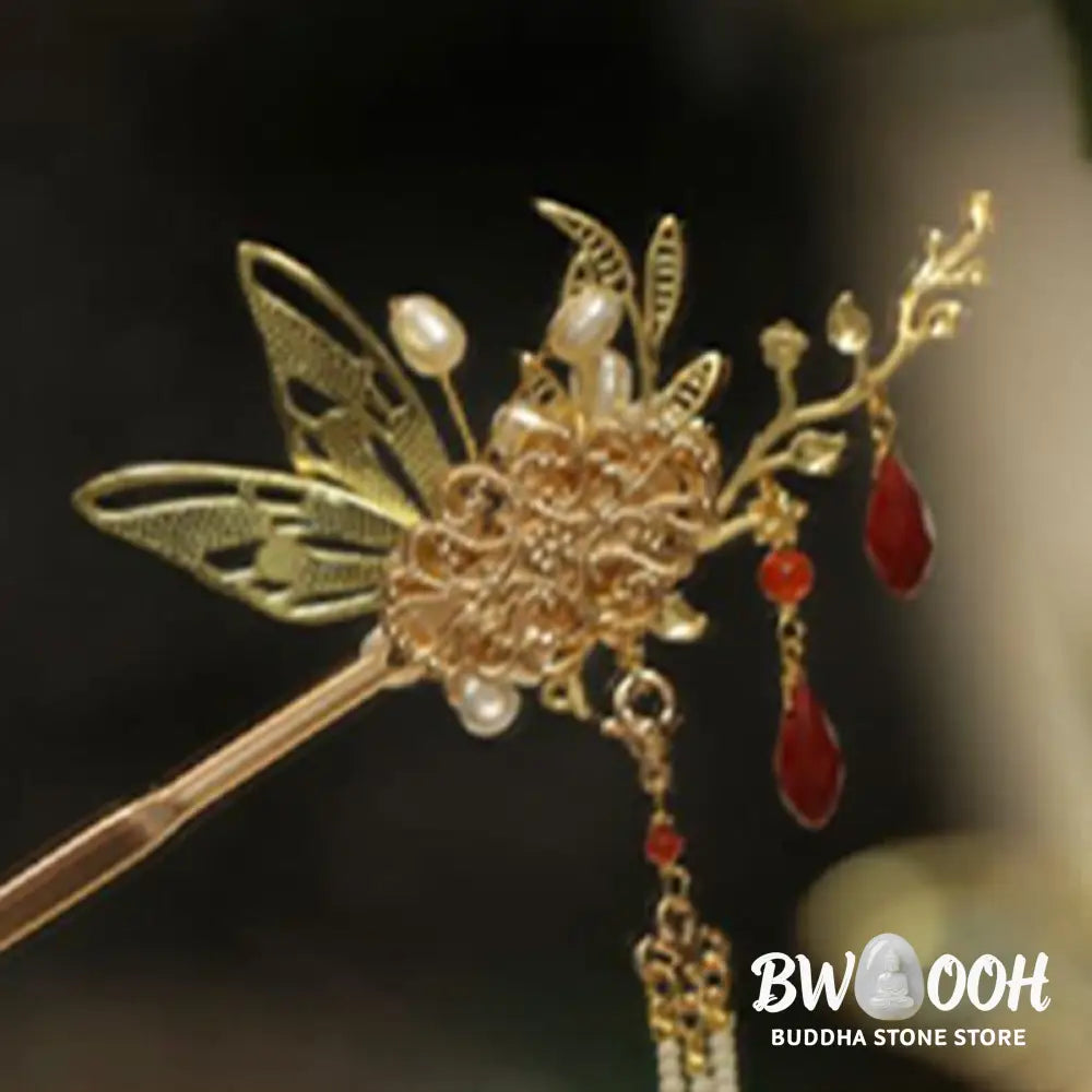 Buddha Stones Classical Chinese Style Flower Branche Butterfly Pearl Tassel Hair Clip Hair Comb Hair Crown - Hair