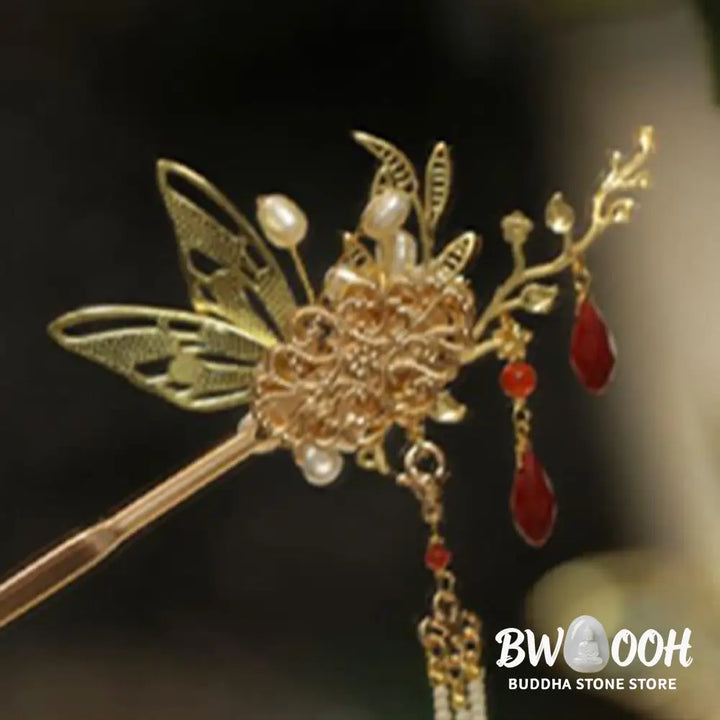 Buddha Stones Classical Chinese Style Flower Branche Butterfly Pearl Tassel Hair Clip Hair Comb Hair Crown - Hair