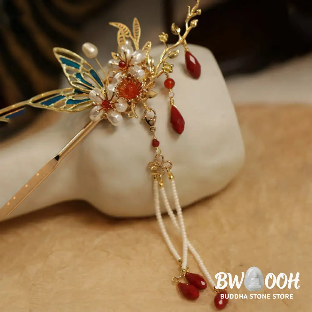 Buddha Stones Classical Chinese Style Flower Branche Butterfly Pearl Tassel Hair Clip Hair Comb Hair Crown - Hair