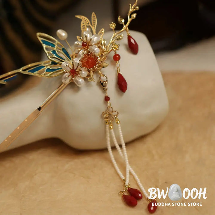 Buddha Stones Classical Chinese Style Flower Branche Butterfly Pearl Tassel Hair Clip Hair Comb Hair Crown - Hair