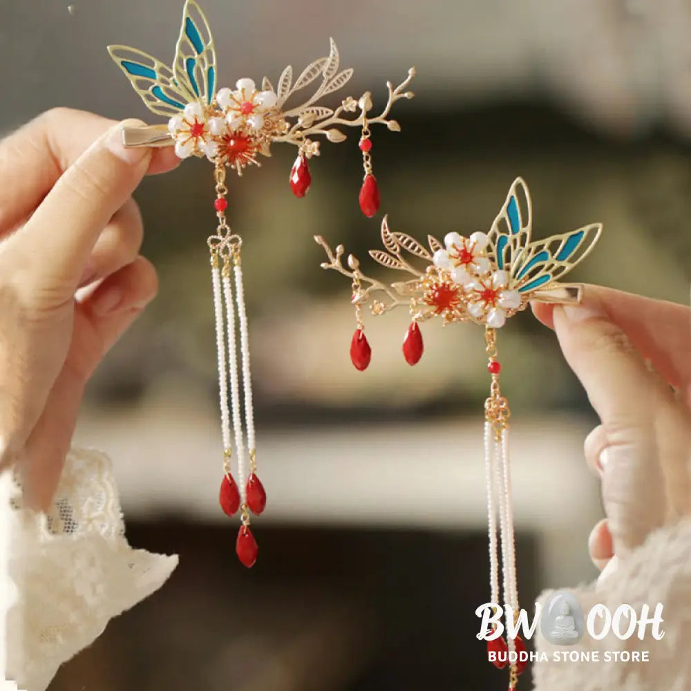 Buddha Stones Classical Chinese Style Flower Branche Butterfly Pearl Tassel Hair Clip Hair Comb Hair Crown - Hair