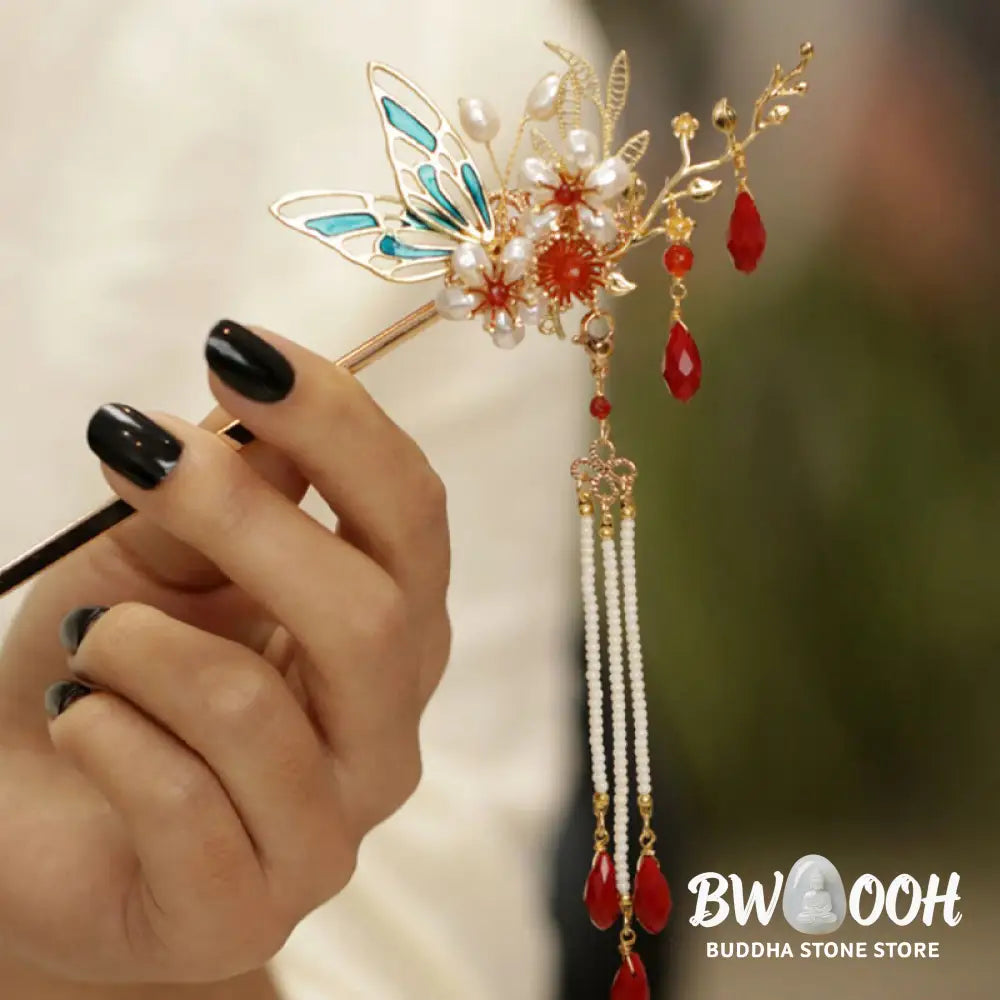 Buddha Stones Classical Chinese Style Flower Branche Butterfly Pearl Tassel Hair Clip Hair Comb Hair Crown - Hair