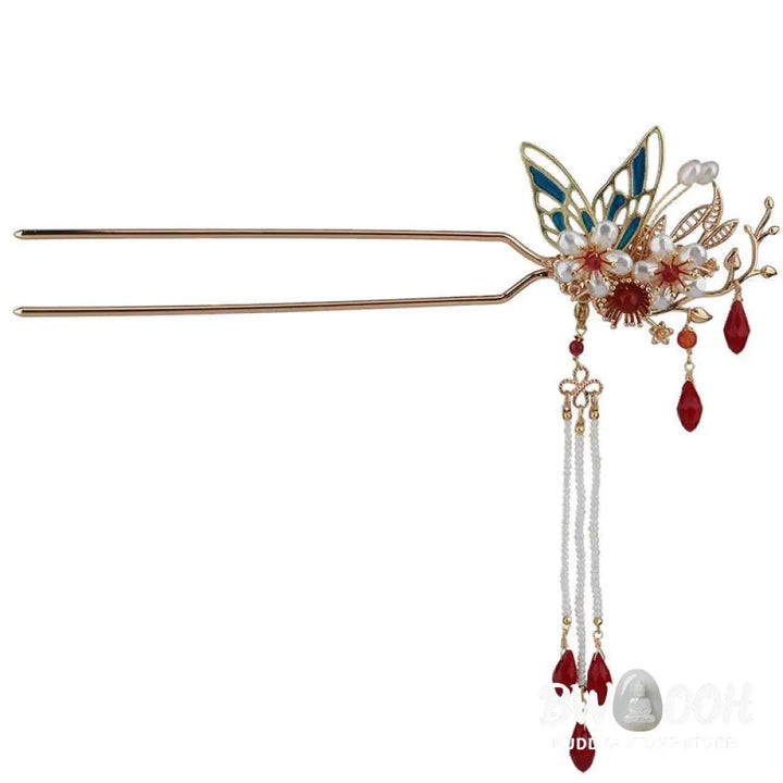Buddha Stones Classical Chinese Style Flower Branche Butterfly Pearl Tassel Hair Clip Hair Comb Hair Crown - Hair