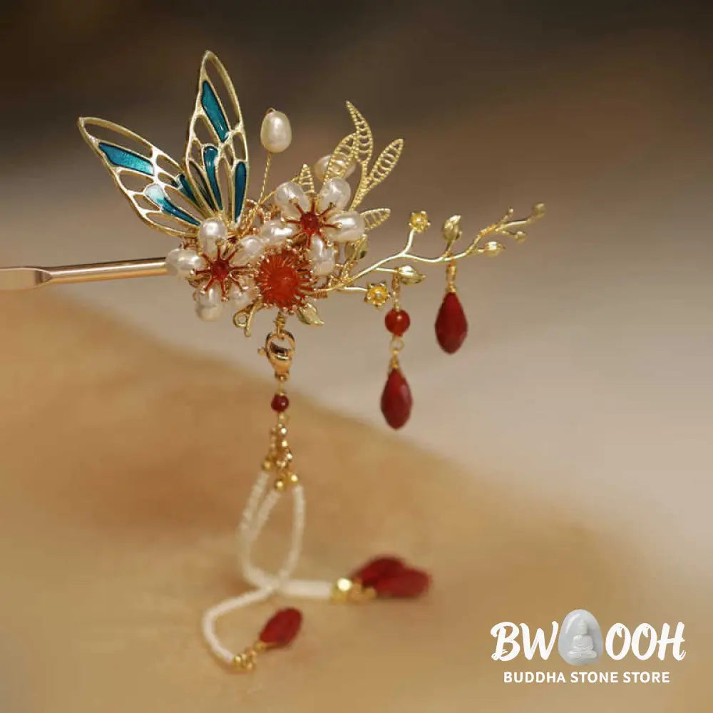 Buddha Stones Classical Chinese Style Flower Branche Butterfly Pearl Tassel Hair Clip Hair Comb Hair Crown - Hair
