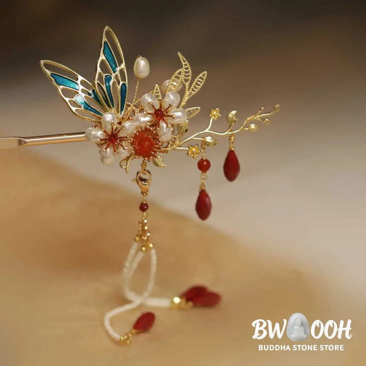 Buddha Stones Classical Chinese Style Flower Branche Butterfly Pearl Tassel Hair Clip Hair Comb Hair Crown - Hair