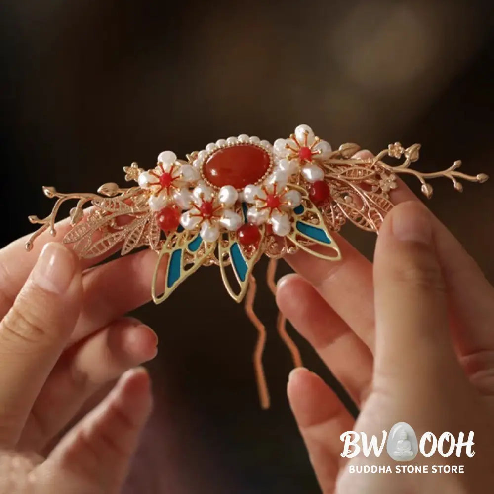 Buddha Stones Classical Chinese Style Flower Branche Butterfly Pearl Tassel Hair Clip Hair Comb Hair Crown - Hair