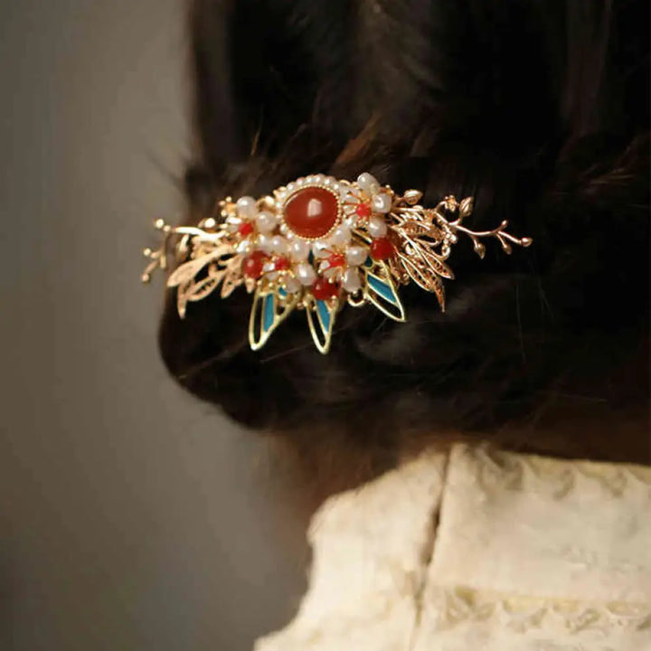Buddha Stones Classical Chinese Style Flower Branche Butterfly Pearl Tassel Hair Clip Hair Comb Hair Crown - Red Flower