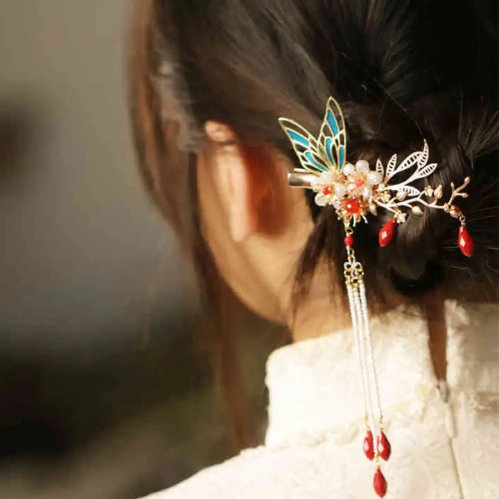 Buddha Stones Classical Chinese Style Flower Branche Butterfly Pearl Tassel Hair Clip Hair Comb Hair Crown - Red Flower