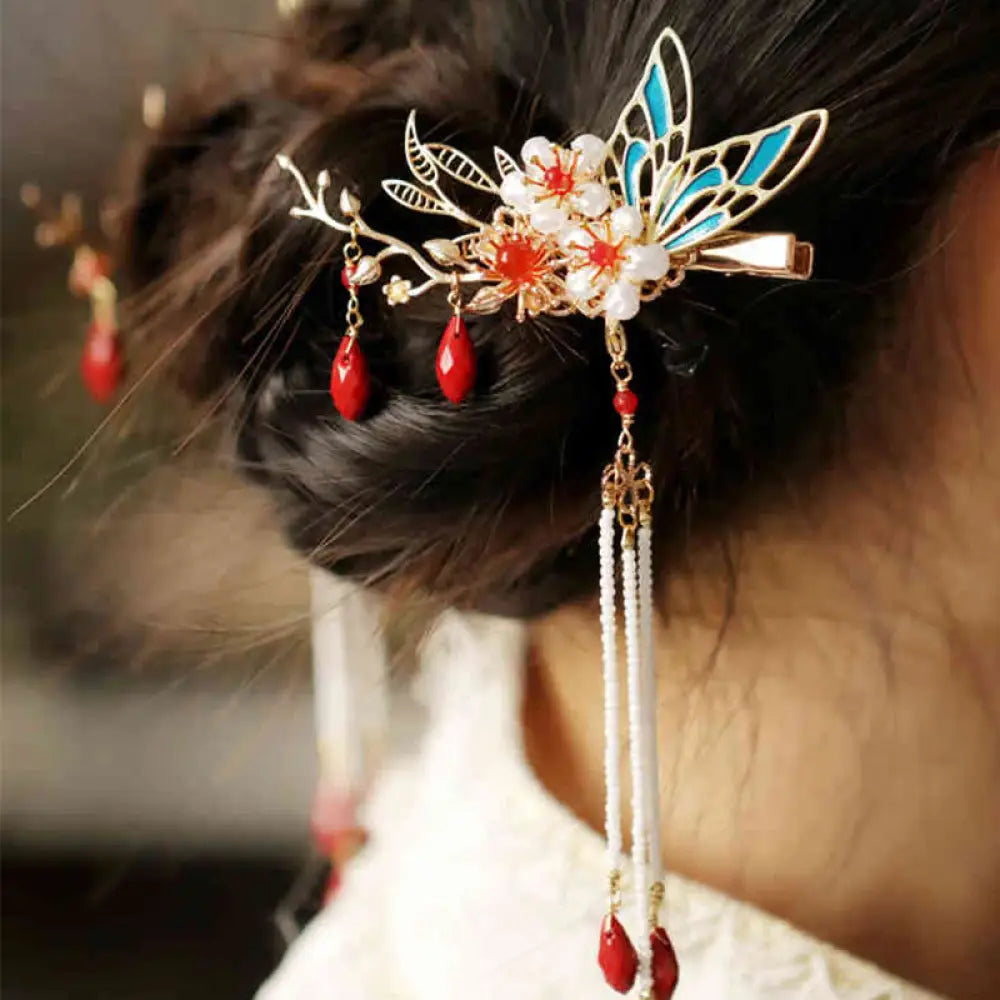 Buddha Stones Classical Chinese Style Flower Branche Butterfly Pearl Tassel Hair Clip Hair Comb Hair Crown - Red Flower