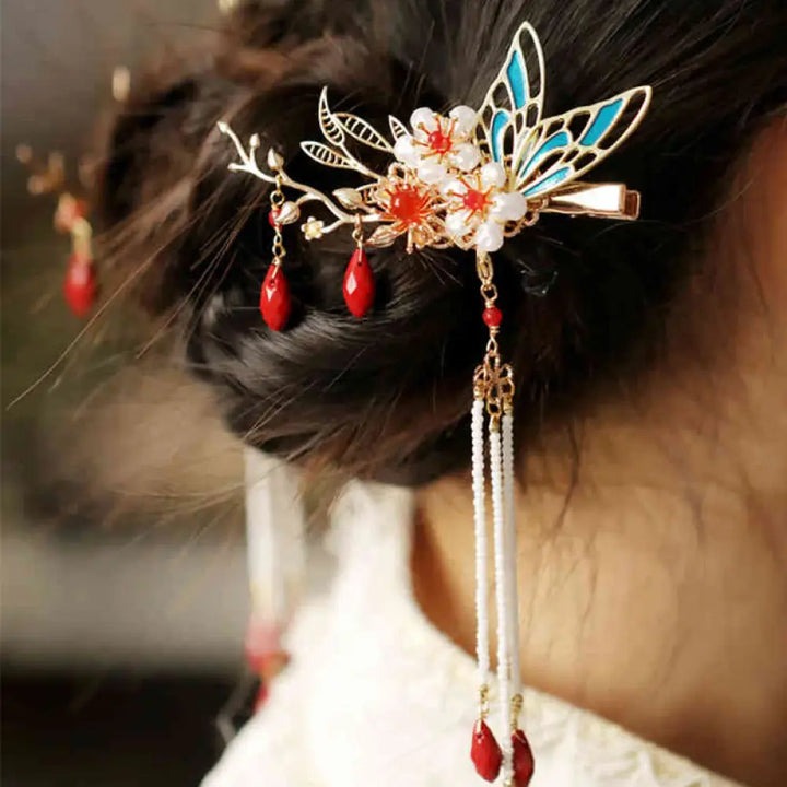 Buddha Stones Classical Chinese Style Flower Branche Butterfly Pearl Tassel Hair Clip Hair Comb Hair Crown - Red Flower